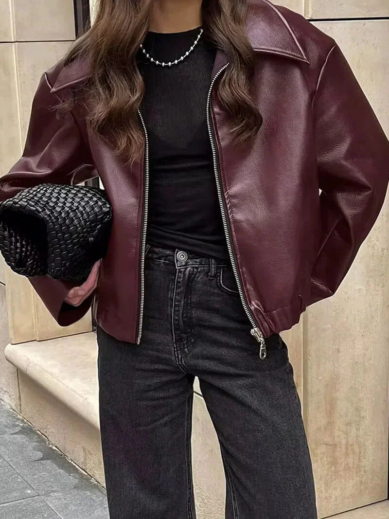 burgundy leather jacket for women