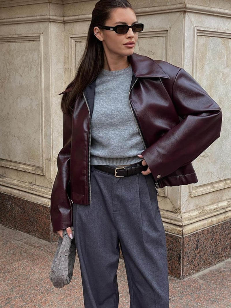 burgundy leather jacket for women