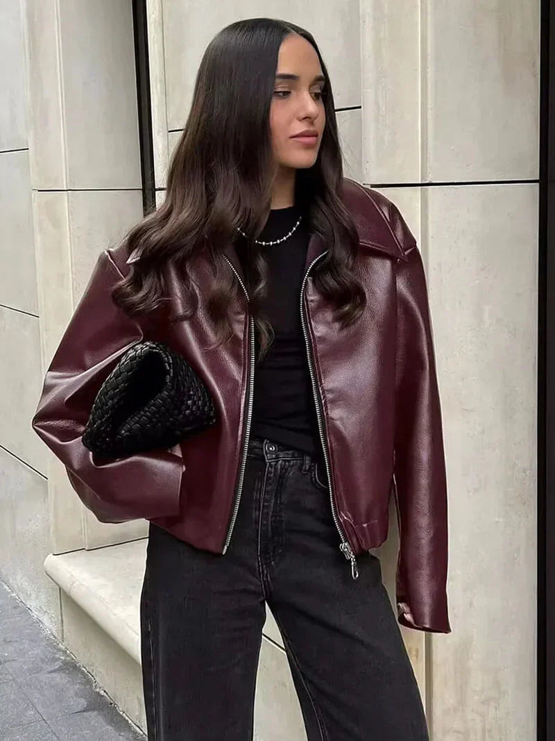 burgundy leather jacket for women